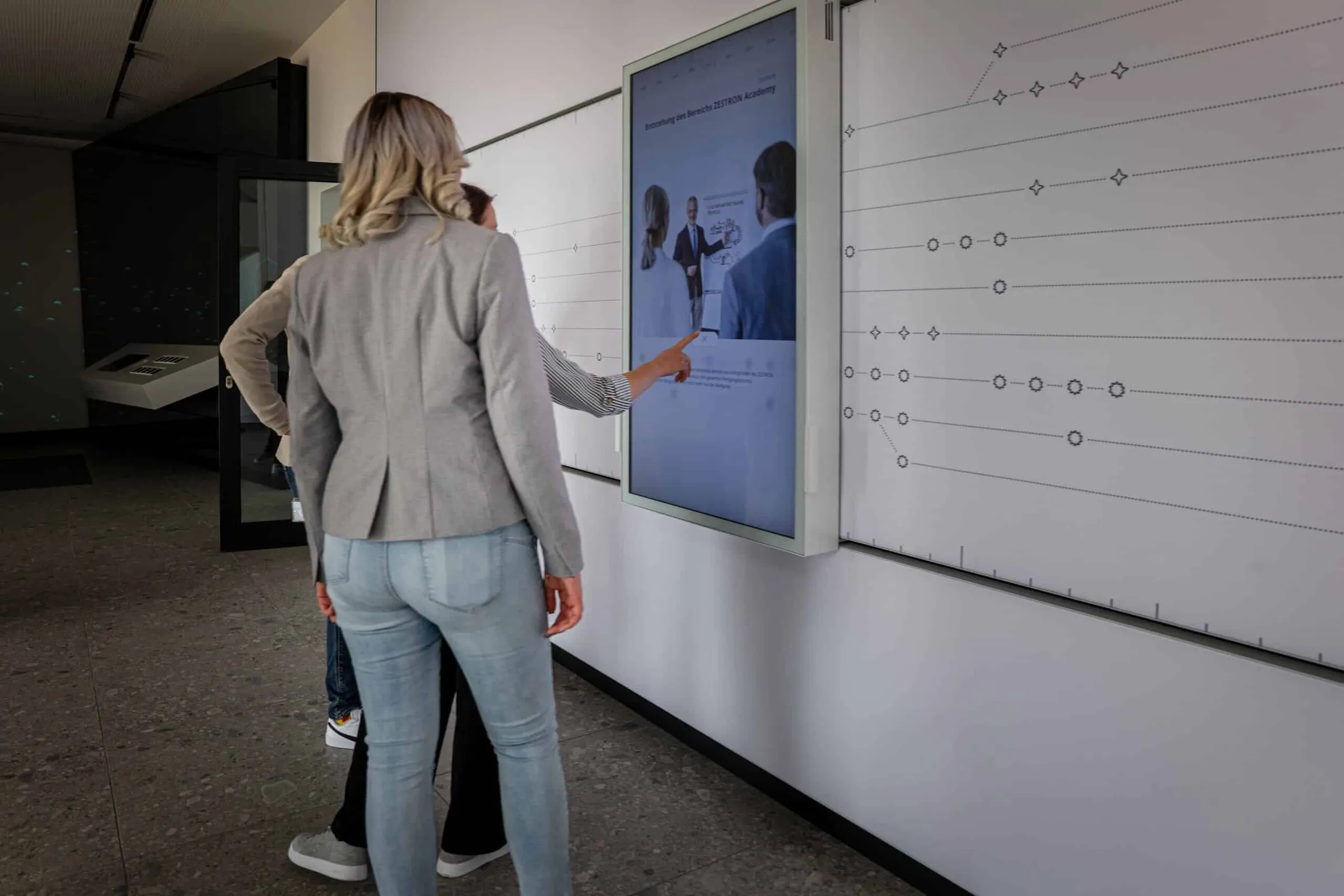 Explore company history with an interactive timeline on a multi-touch screen