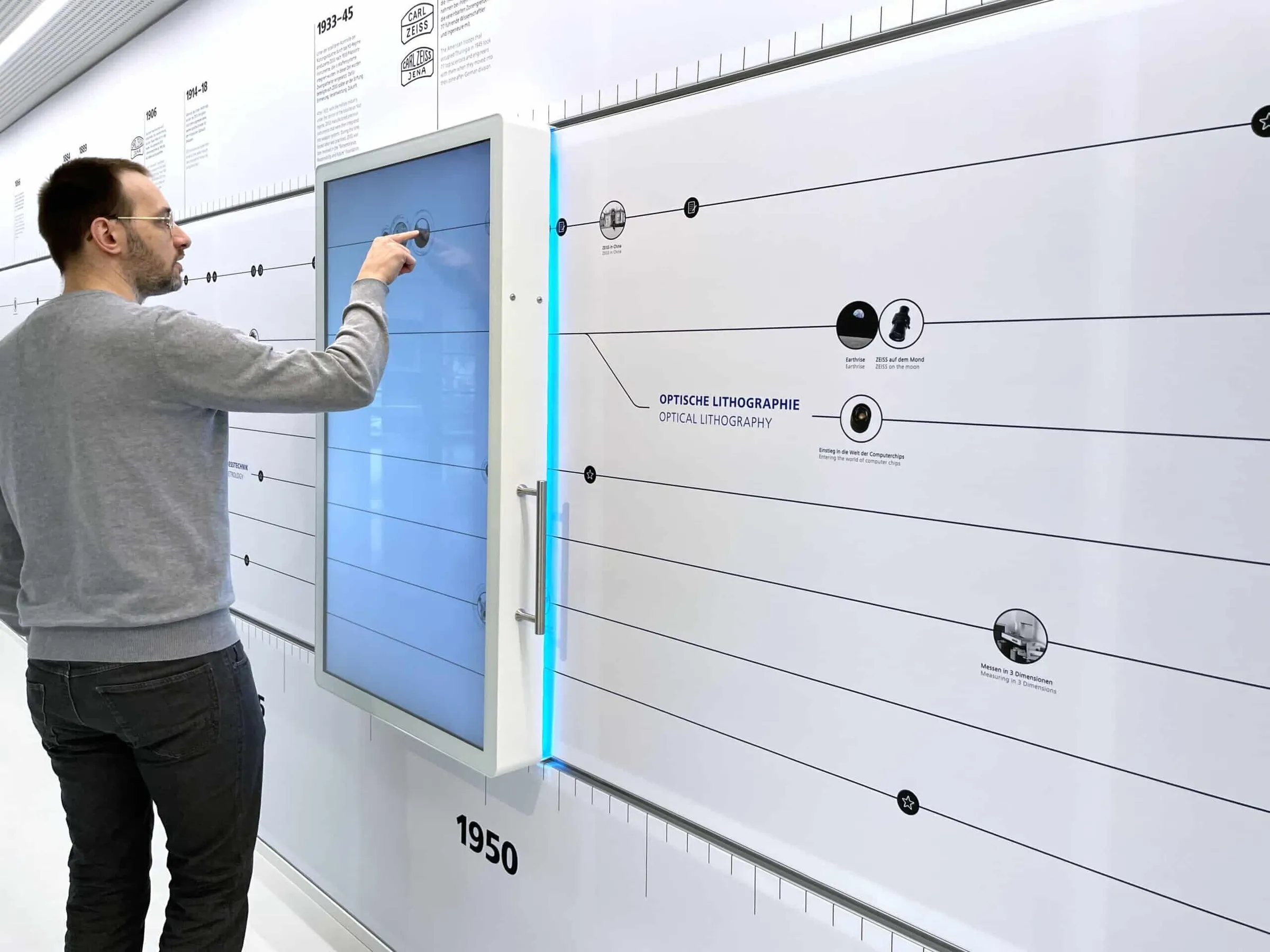 55-inch touch screen on rail sliding in front of the interactive wall