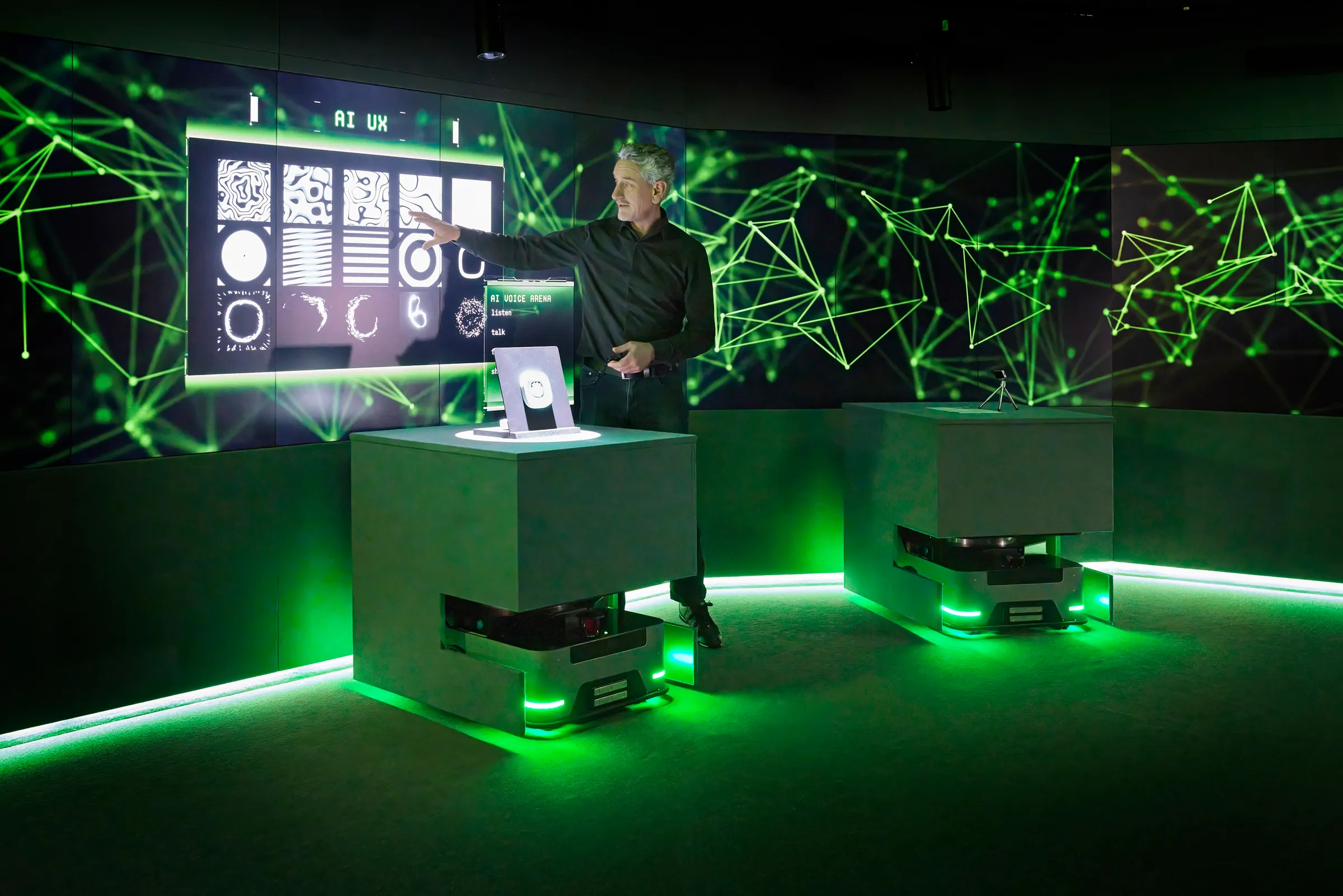 Innovation Space Showroom featuring KEBA AGVs in front of a screen wall