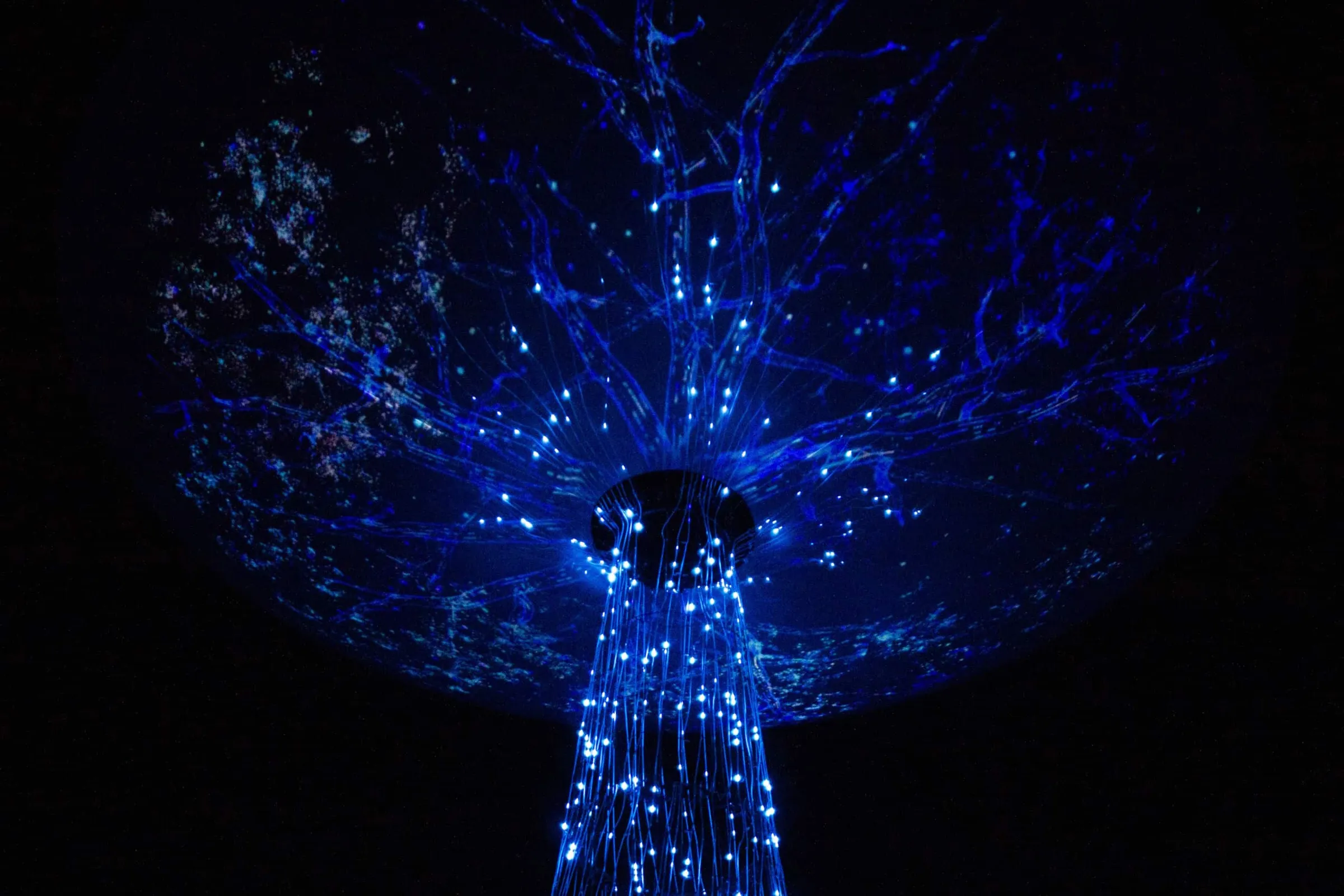 A giant tree canopy with LEDs and projection mapping at the Gasoemter in Oberhausen
