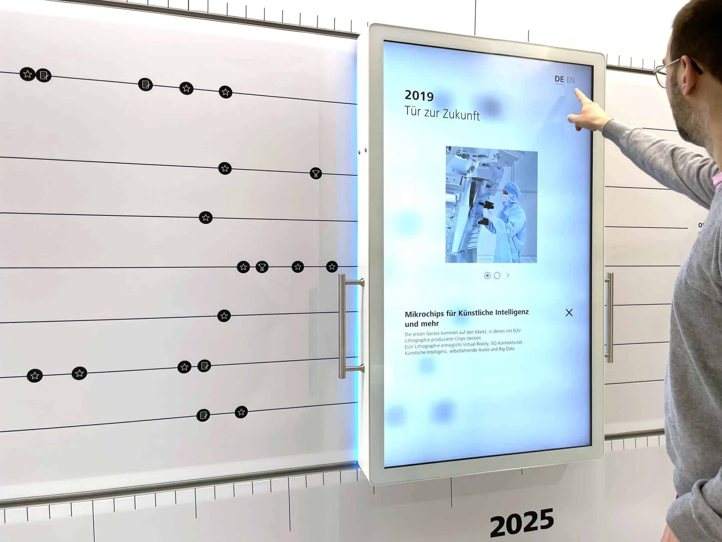 Sliding touchscreen interactively presents the history of innovation at Zeiss