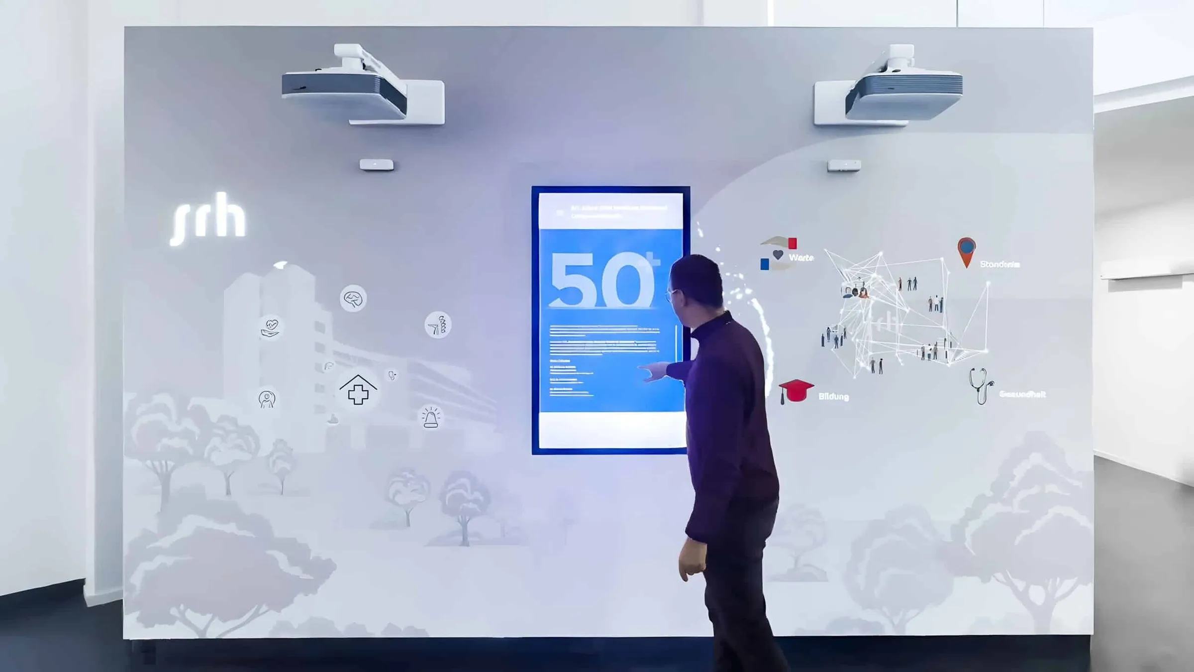Interactive projection wall with multi-touch screen in showroom